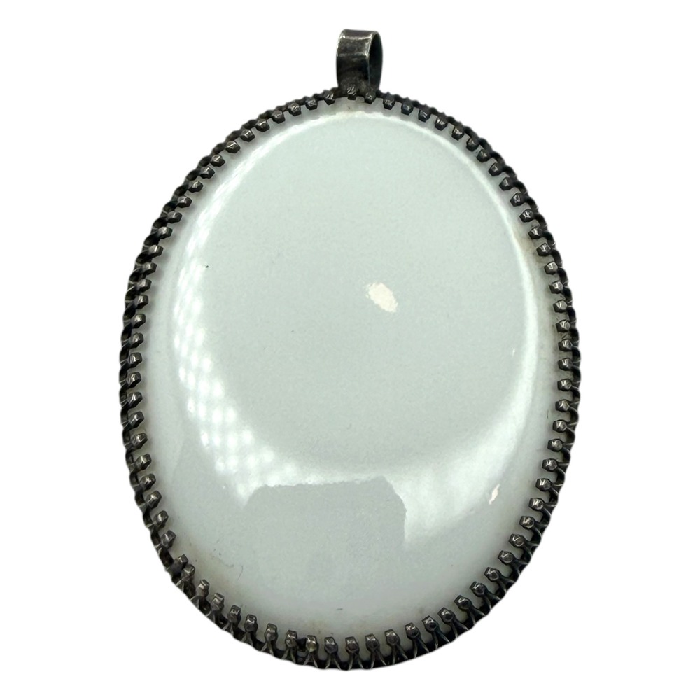 Limoges Pendant Sterling Silver Large White Porcelain Oval France Vintage 9.5g